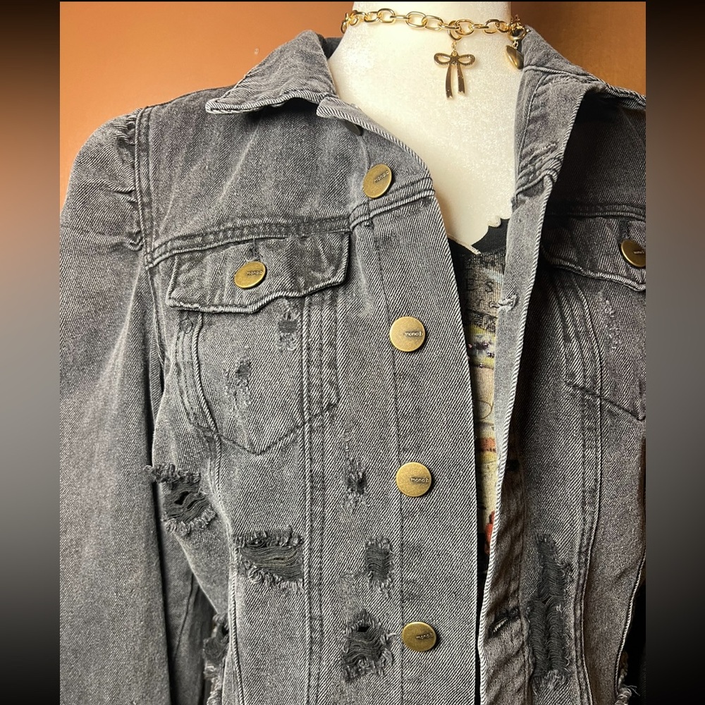 Cropped Distressed Black Denim Jacket Size S | Y2K Grunge Indie